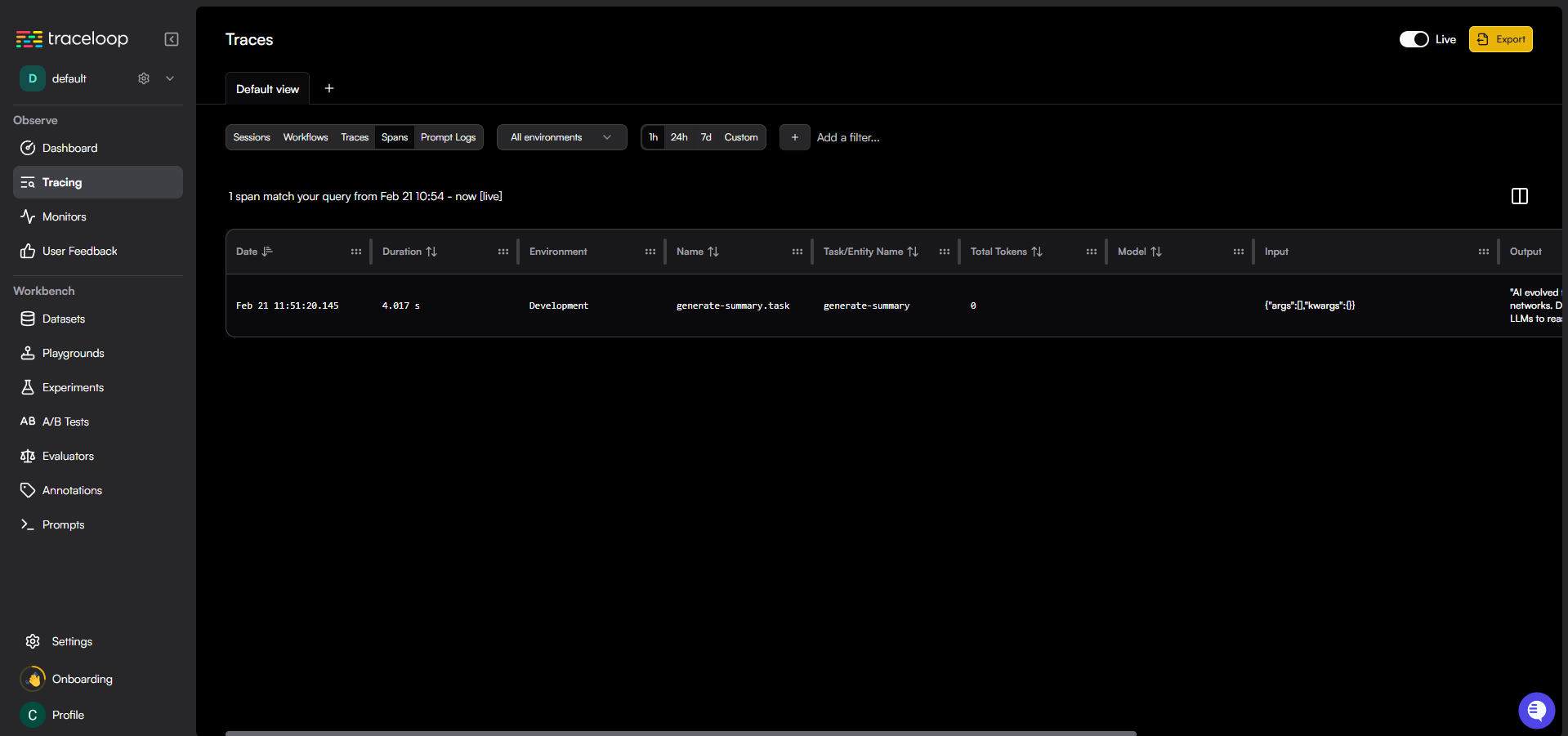 Traceloop dashboard displaying LLM trace with spans showing prompt input, completion output, token usage, and timing metrics
