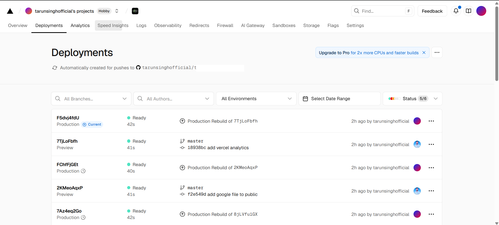 Vercel dashboard displaying deployment list with one marked as Production and multiple Preview deployments below it