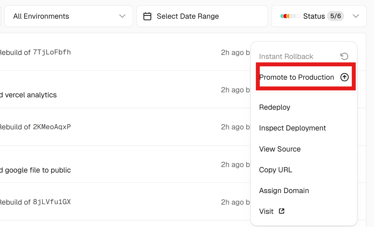 Vercel deployment options menu with Promote to Production button highlighted for manual deployment management